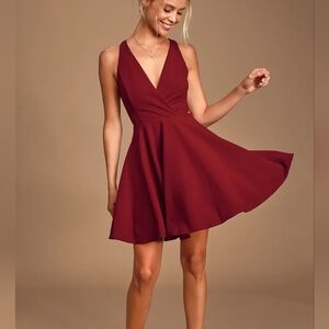 Lulu's Wonder Whirl Wine Red Twist Back Skater Dress